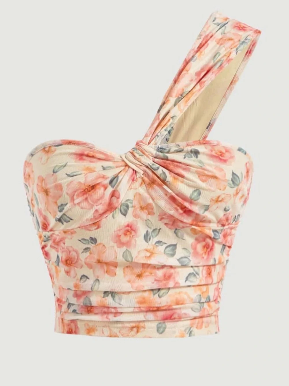 SHEIN Cream One-Shoulder Floral Crop Top with Pink & Coral Flowers - Picture 1 of 4
